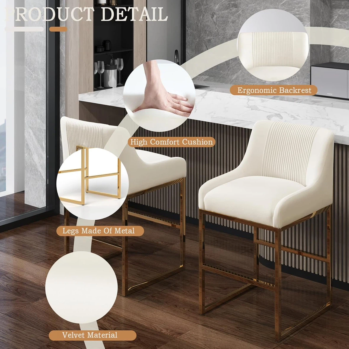 New Set of 2 Beige / cream 24” Velvet Counter Height Bar Stools - photo 3