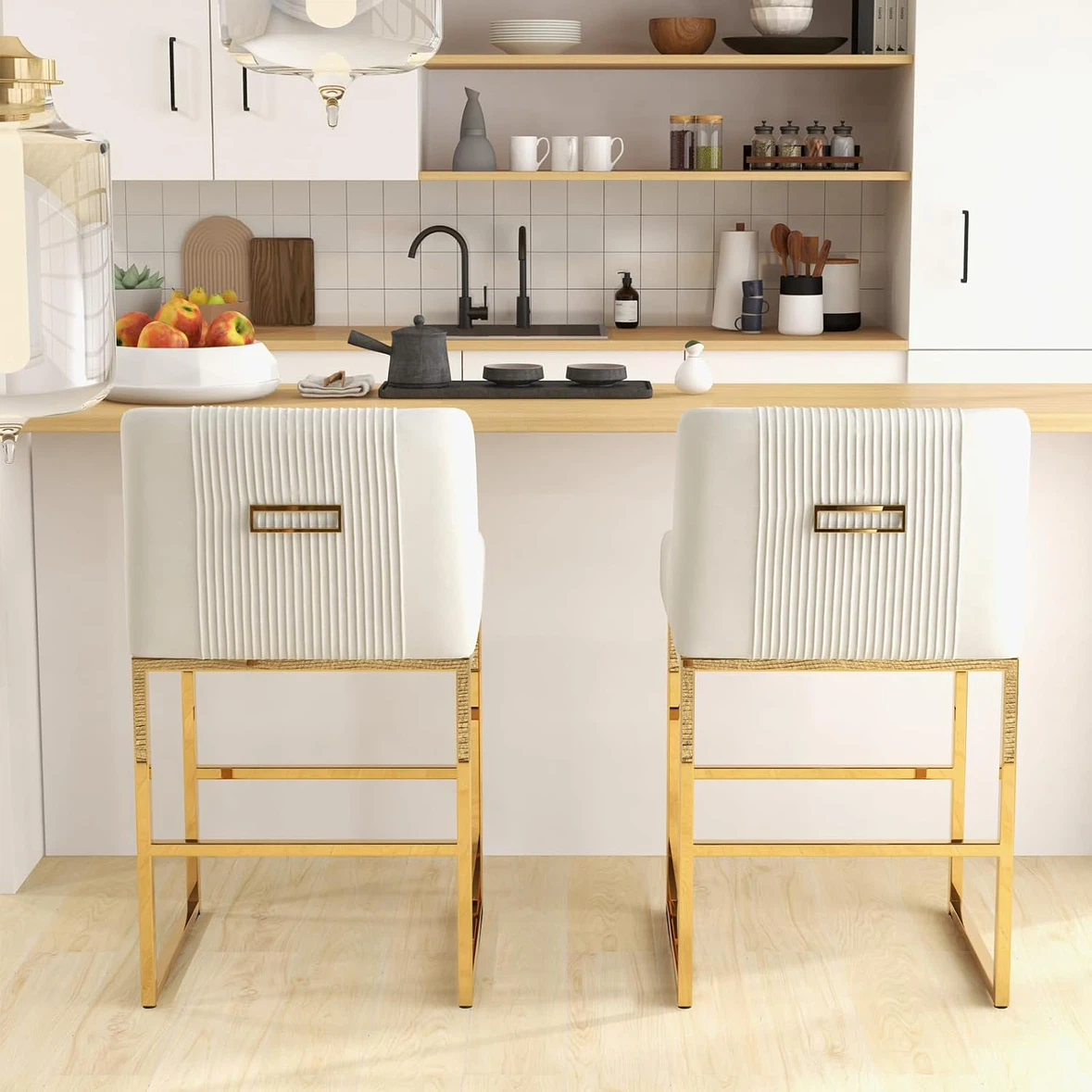 New Set of 2 Beige / cream 24” Velvet Counter Height Bar Stools - photo 4