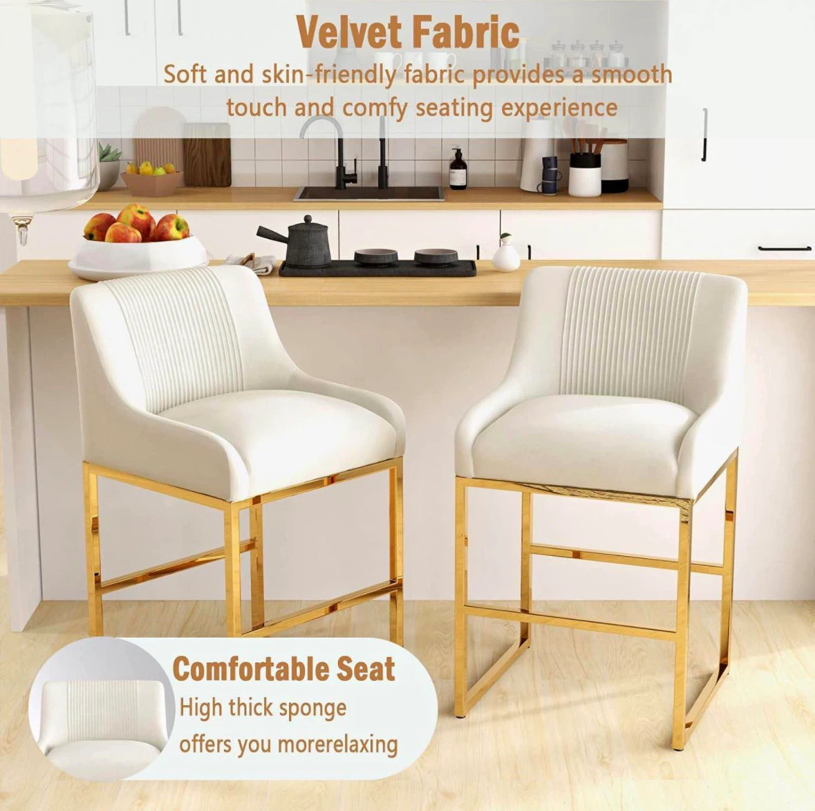 New Set of 2 Beige / cream 24” Velvet Counter Height Bar Stools - photo 5