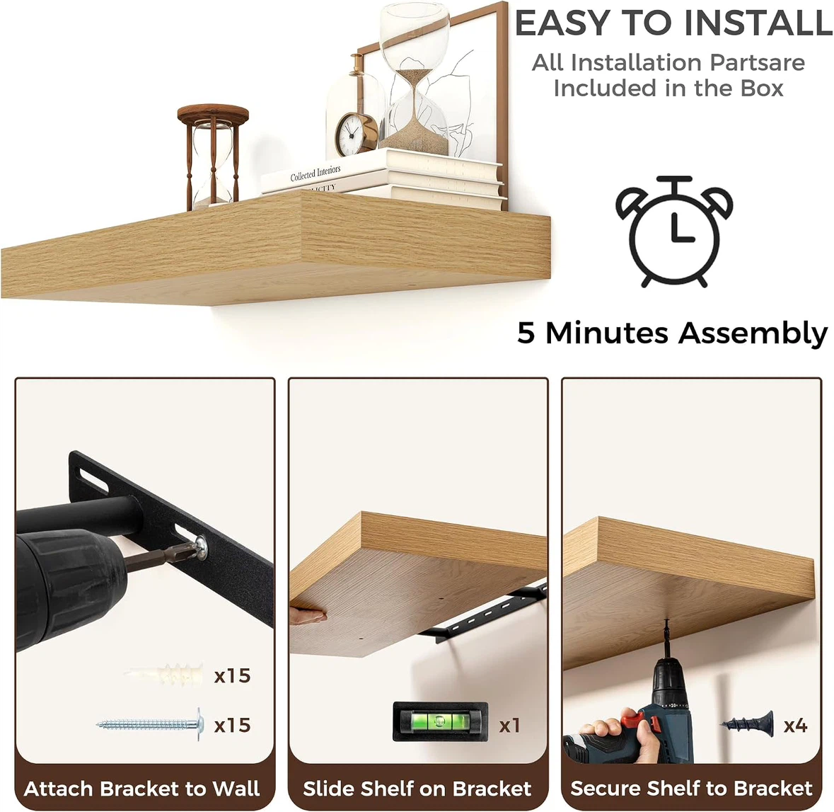 New Oak finished 72 Inch Floating storage Shelf for Wall, - photo 4