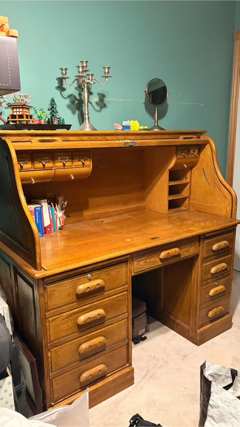 Oak Roll Top Desk with Drawers