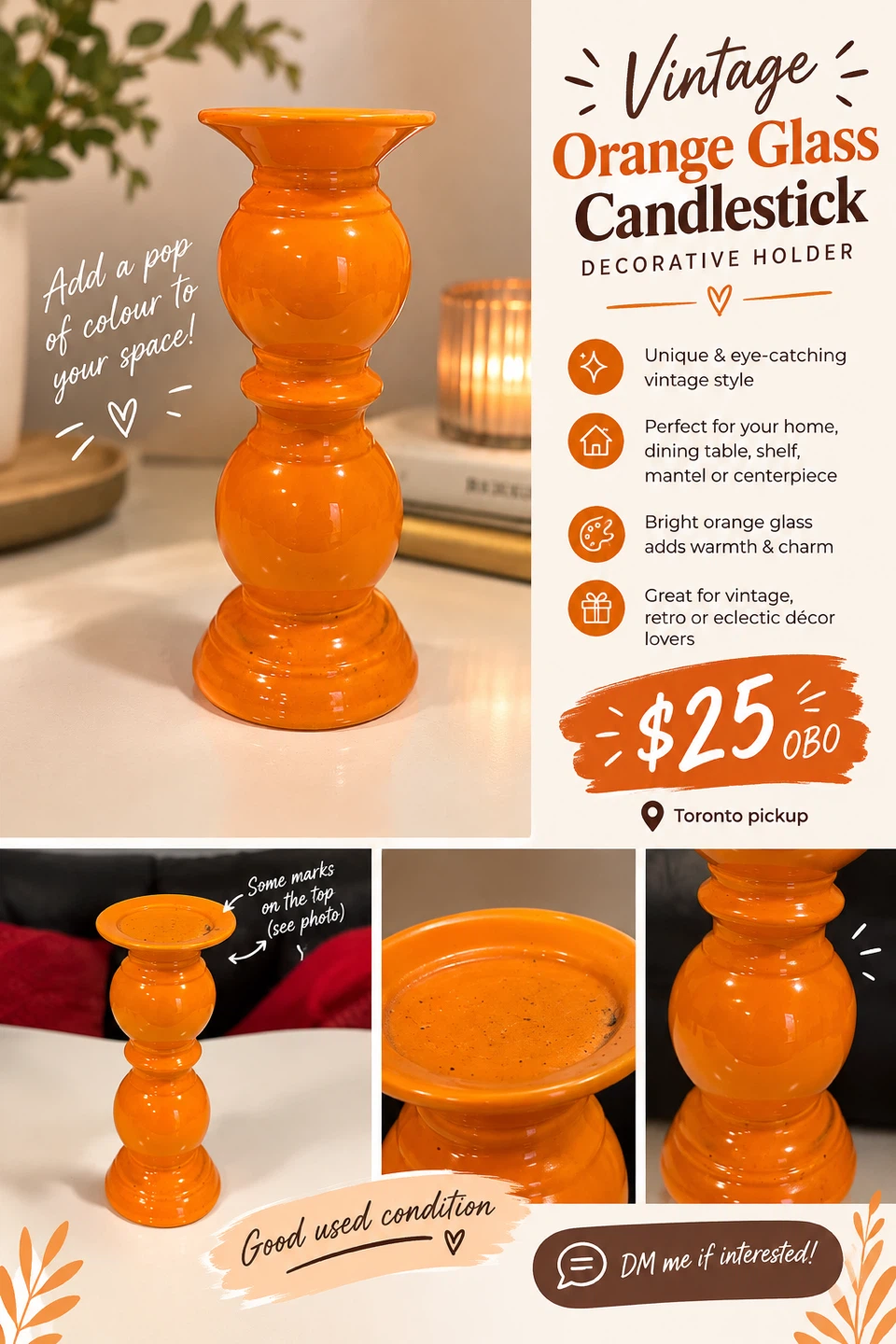 Vintage Orange Glass Candlestick