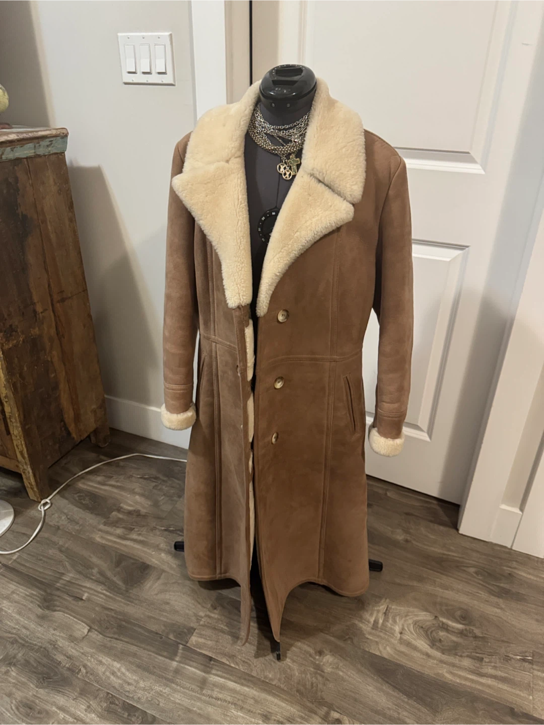 Vintage faux shearling -suede like trench coat - sz sm - photo 2