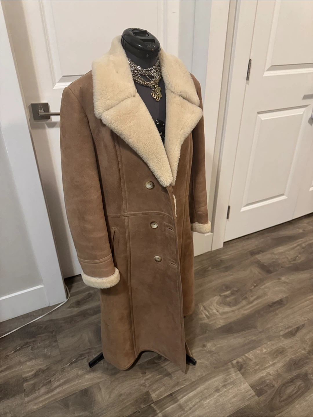 Vintage faux shearling -suede like trench coat - sz sm - photo 3