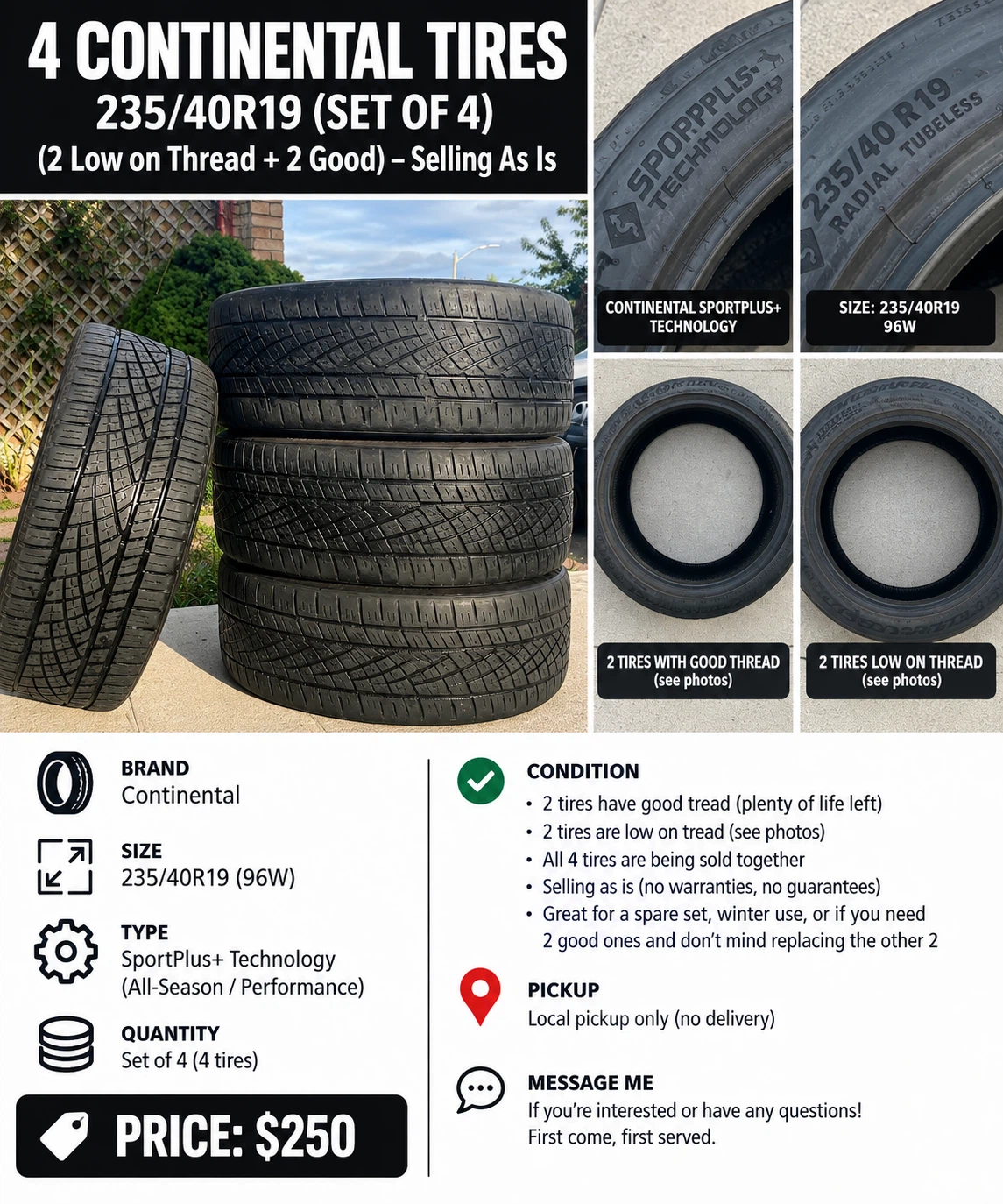 Set of 4 Continental ExtremeContact 235/40R19 Tires
