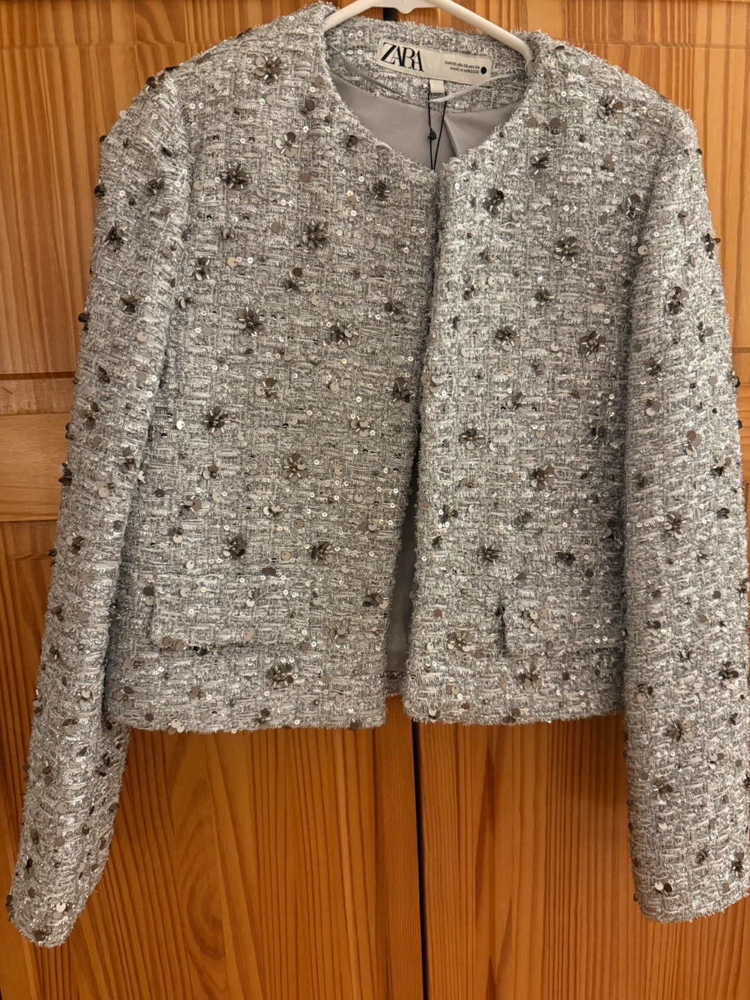 🏈Zara Silver Sequined Tweed Jacket