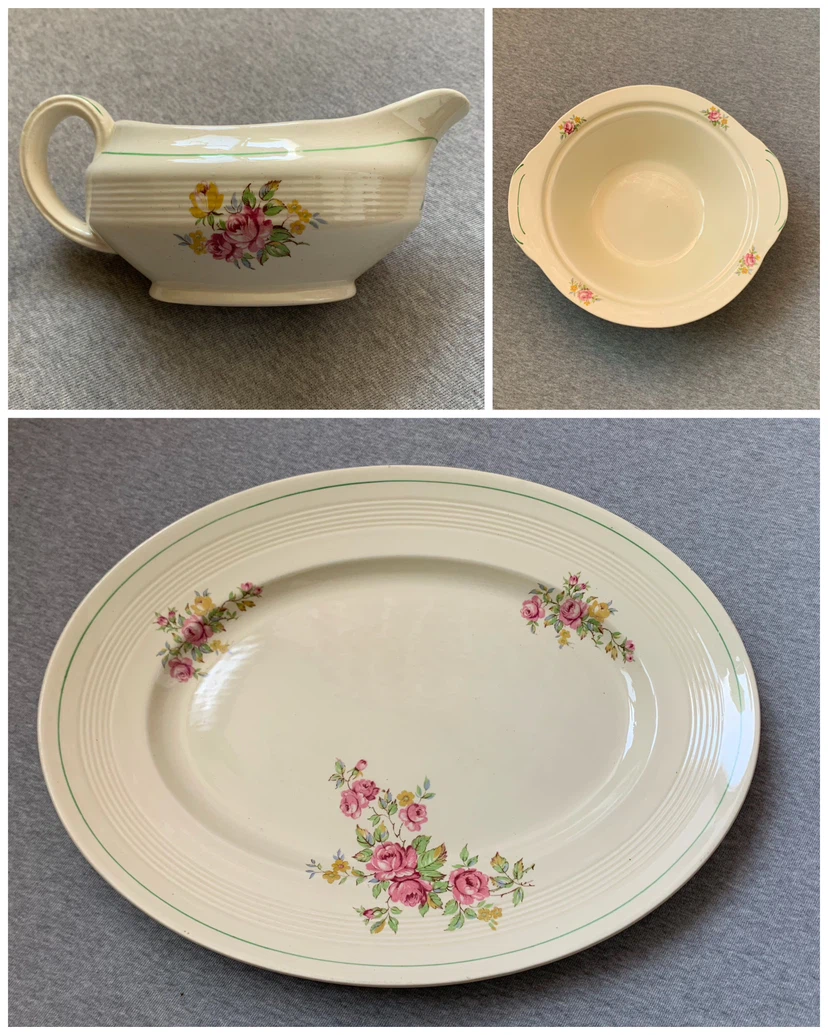 Vintage Wood's Ivory Ware Floral Serving Set “June Rose” 🏈