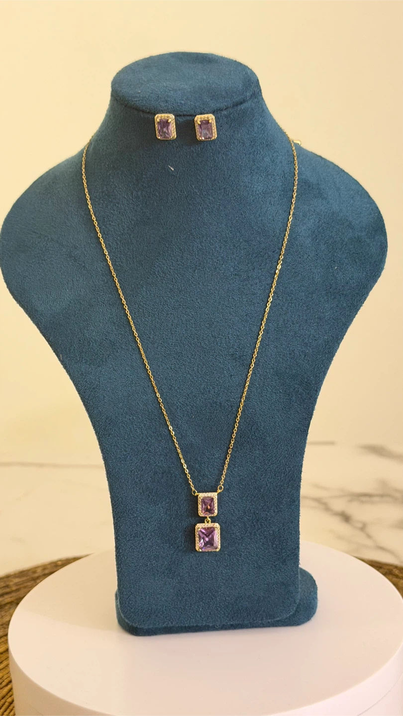 Purple Crystal Pendant Necklace and Stud Earrings Set
