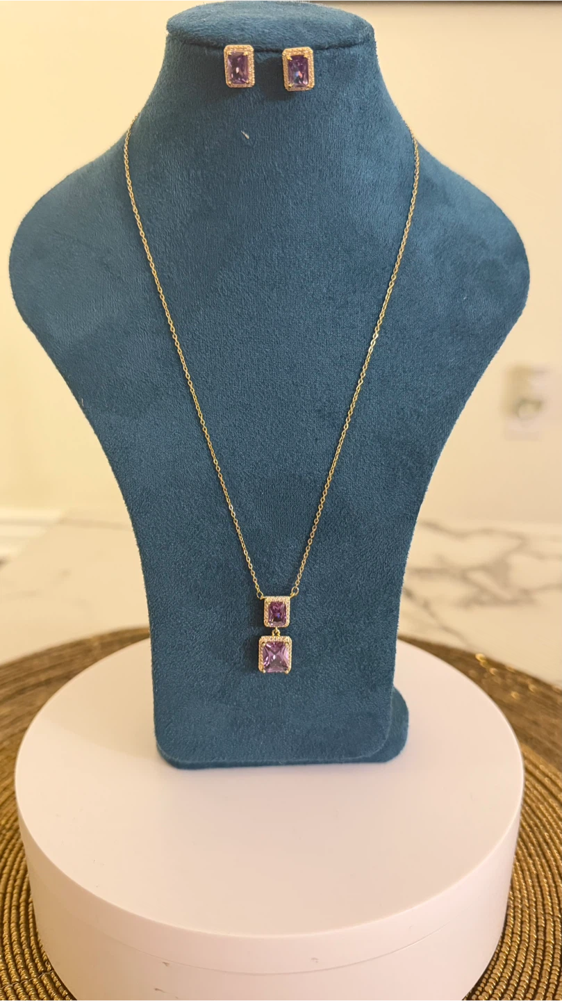 Purple Crystal Pendant Necklace and Stud Earrings Set - photo 4