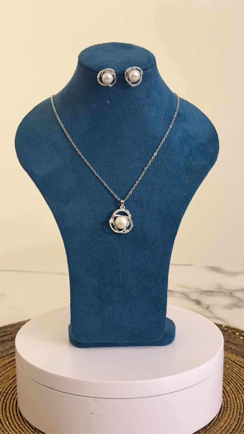 Silver-Tone Pearl Necklace and Earring Set
