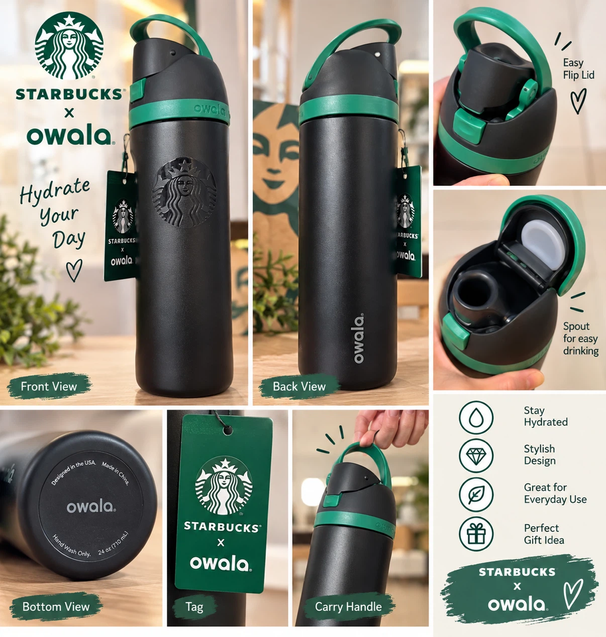 ⭐ Starbucks x Owala Water Bottle – Black & Green – New with Tag