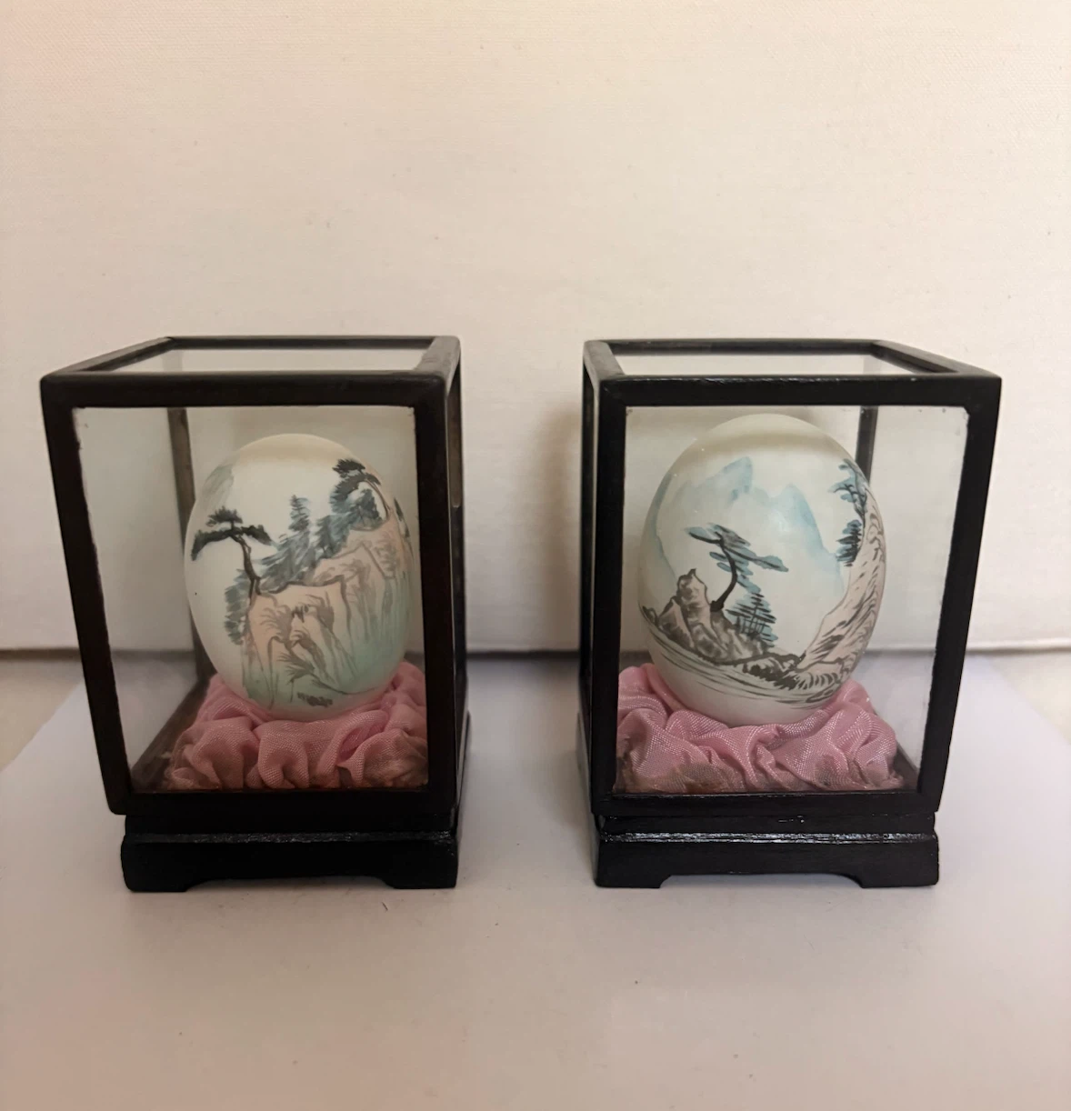 Two Vintage Hand-Painted Landscape Eggs in Glass Display Cases