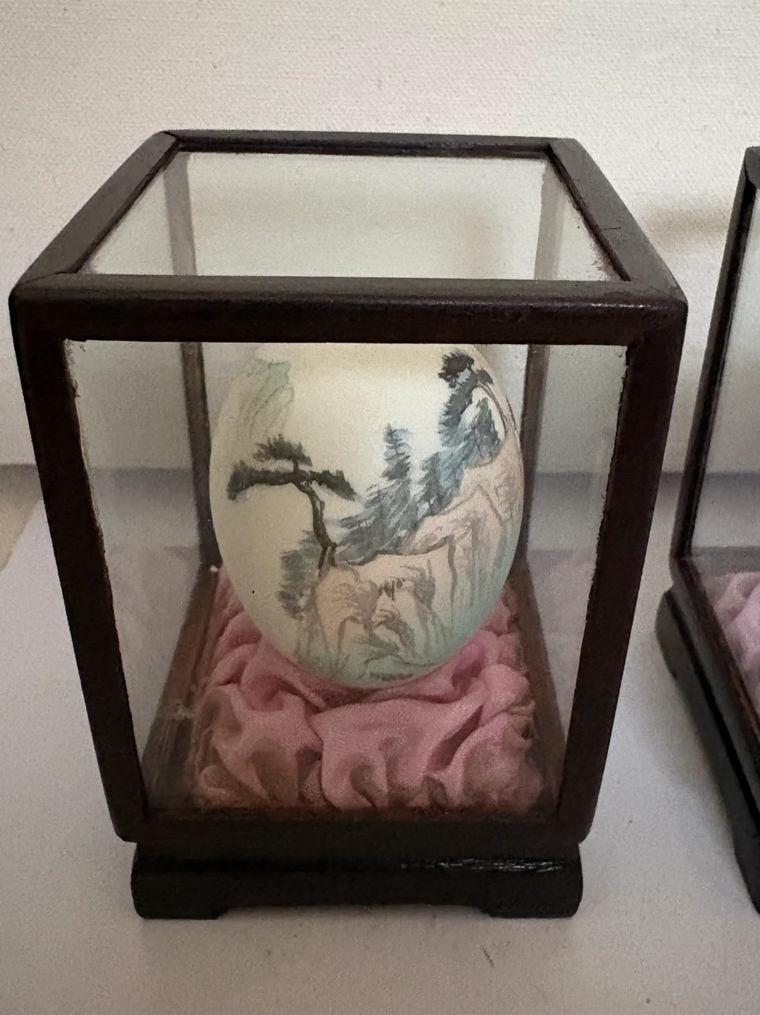 Two Vintage Hand-Painted Landscape Eggs in Glass Display Cases - photo 2