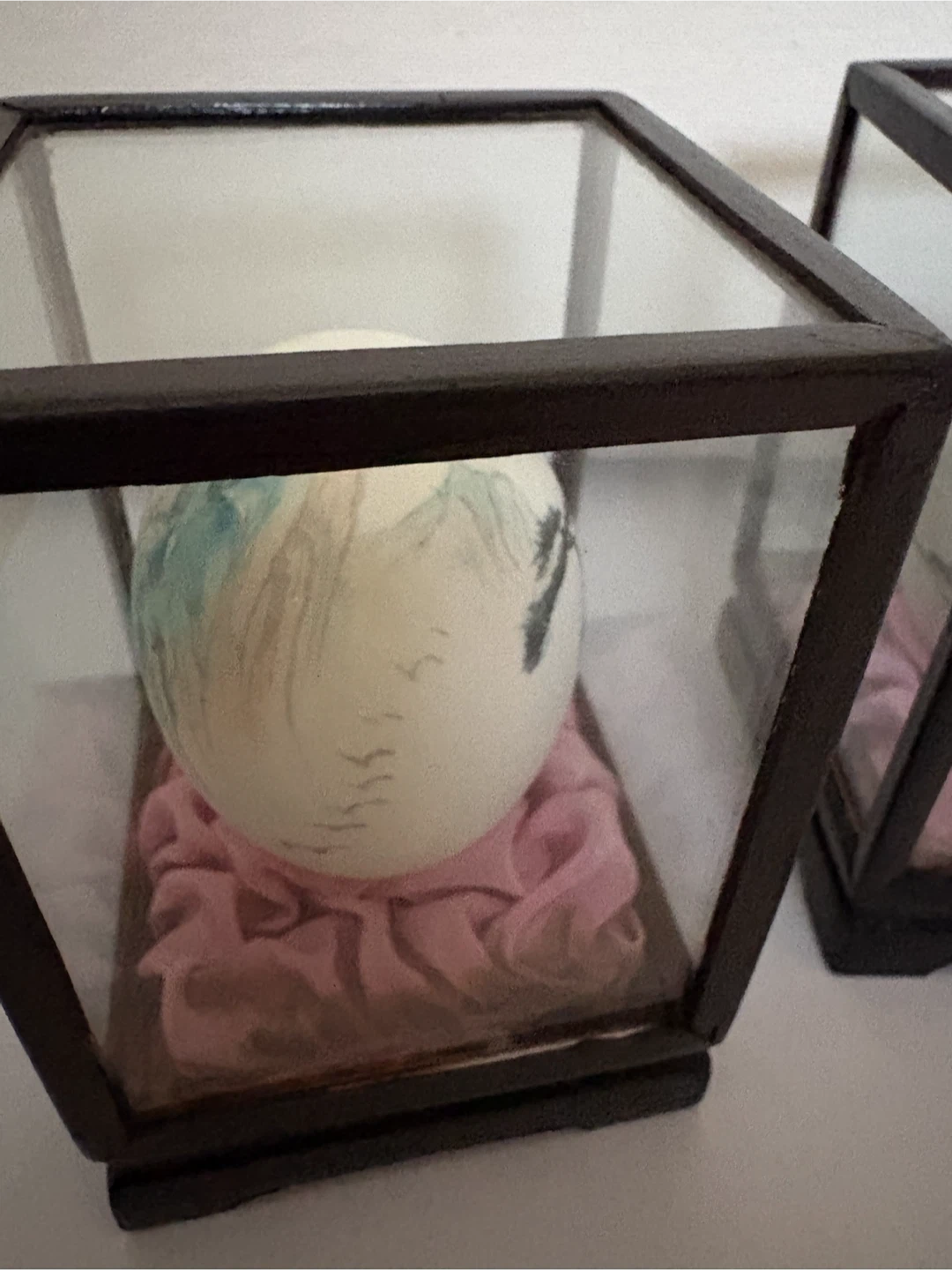 Two Vintage Hand-Painted Landscape Eggs in Glass Display Cases - photo 3