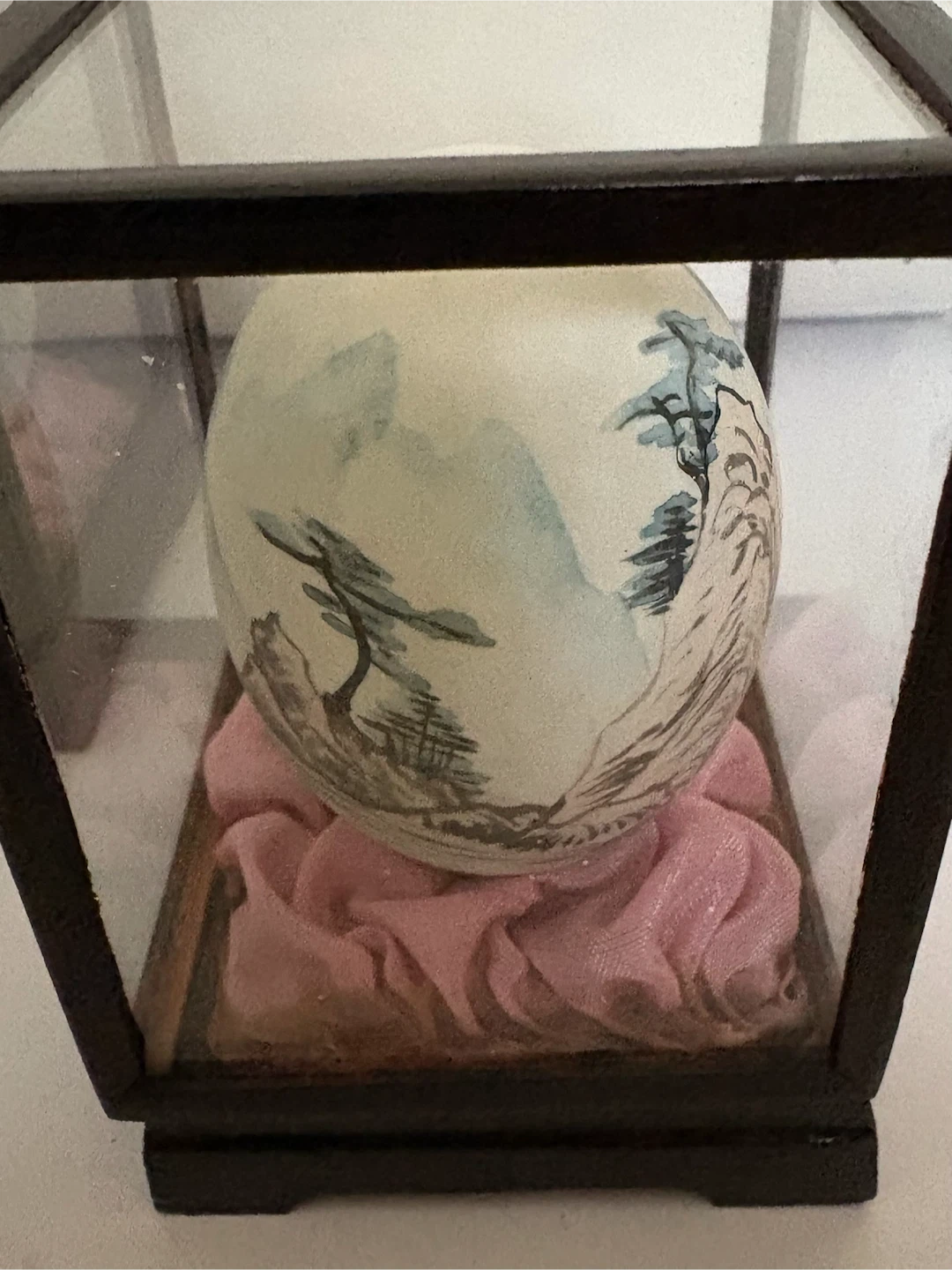 Two Vintage Hand-Painted Landscape Eggs in Glass Display Cases - photo 4