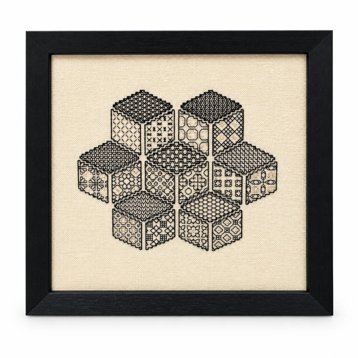 Framed Geometric Textile Art – Black & Natural