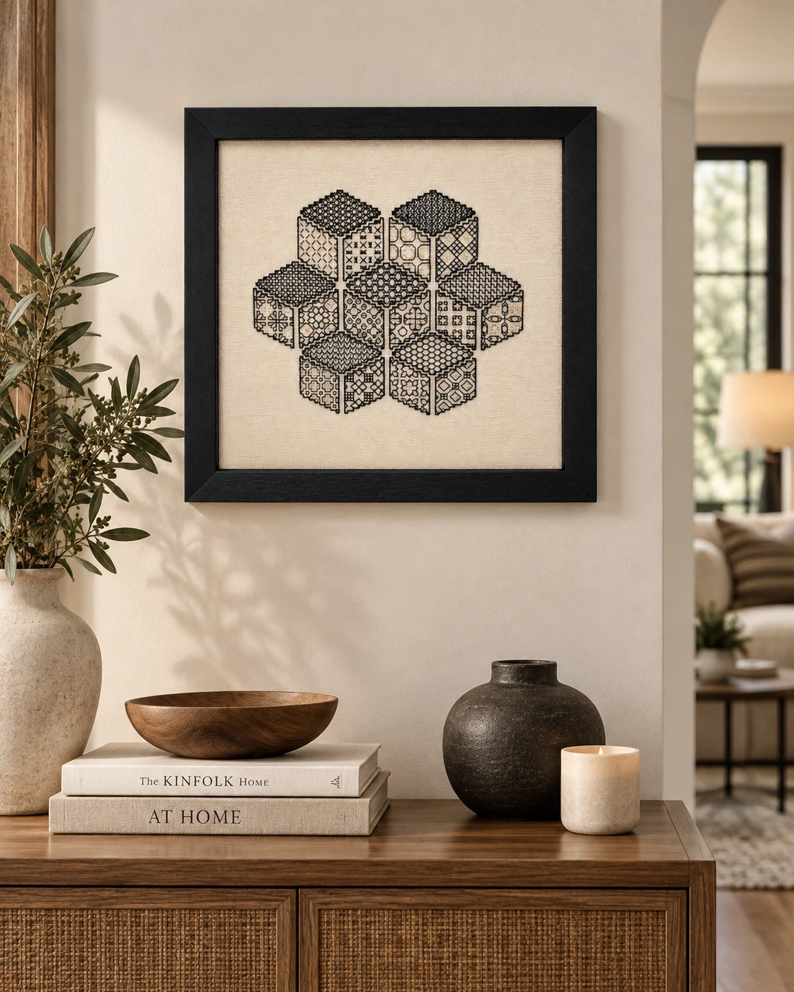 Framed Geometric Textile Art – Black & Natural - photo 2