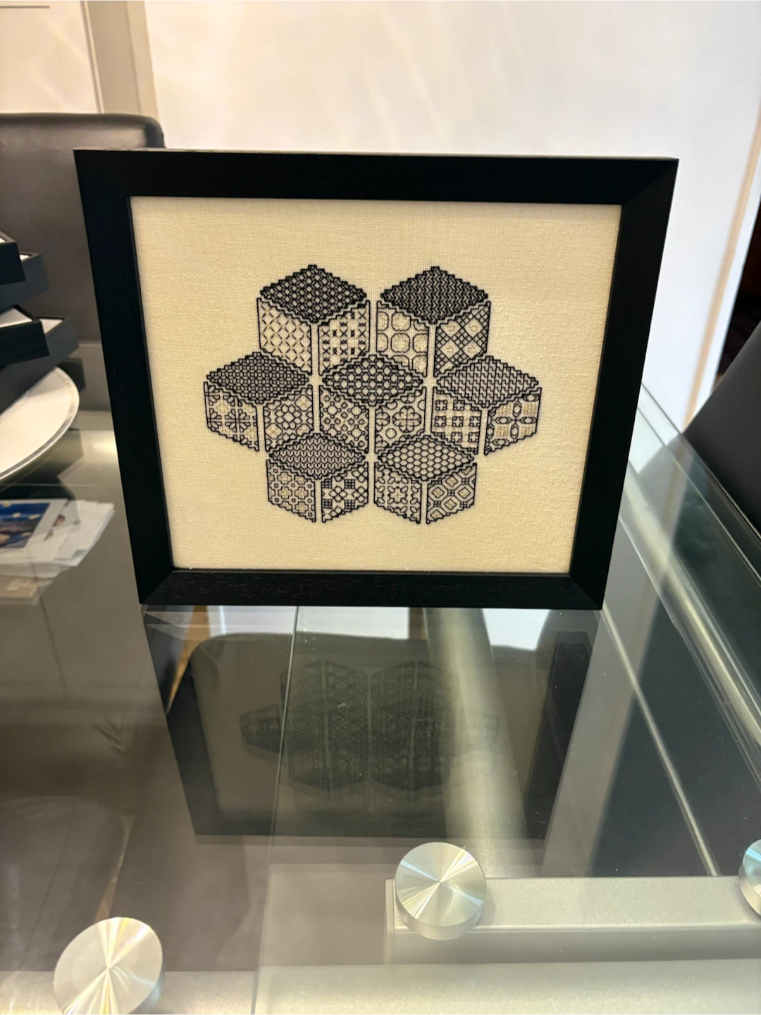 Framed Geometric Textile Art – Black & Natural - photo 3