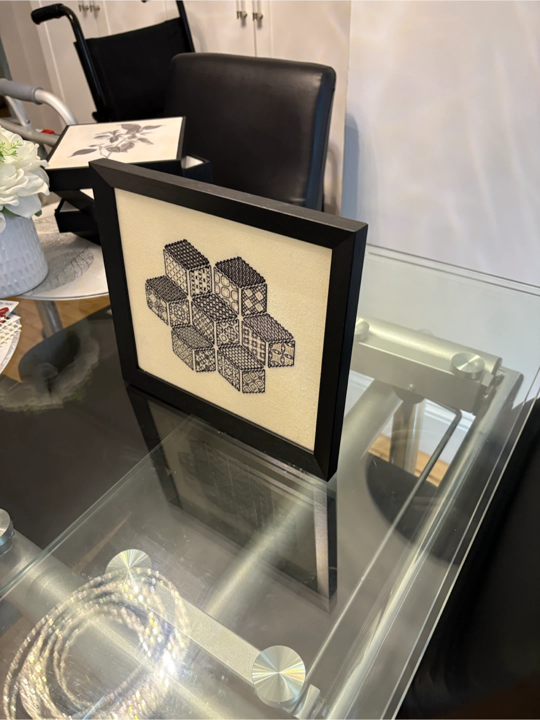 Framed Geometric Textile Art – Black & Natural - photo 5