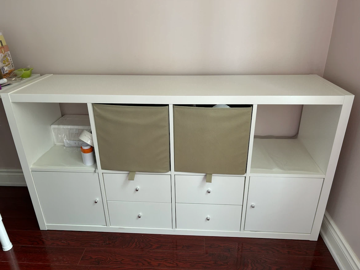 White IKEA KALLAX Shelving Unit with Drawers and Bins
