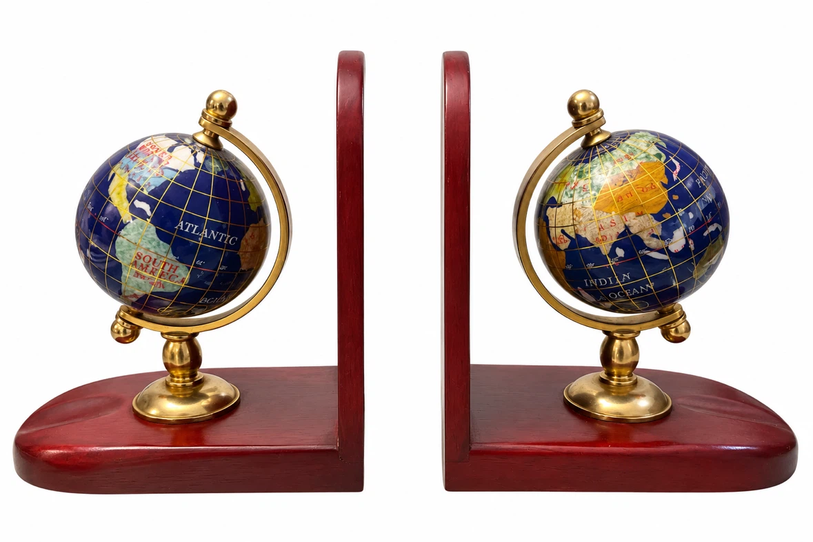 Vintage Globe Bookends – Mahogany Wood & Brass-Tone Set