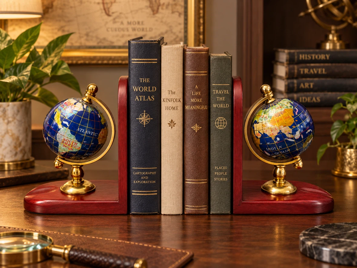 Vintage Globe Bookends – Mahogany Wood & Brass-Tone Set - photo 2