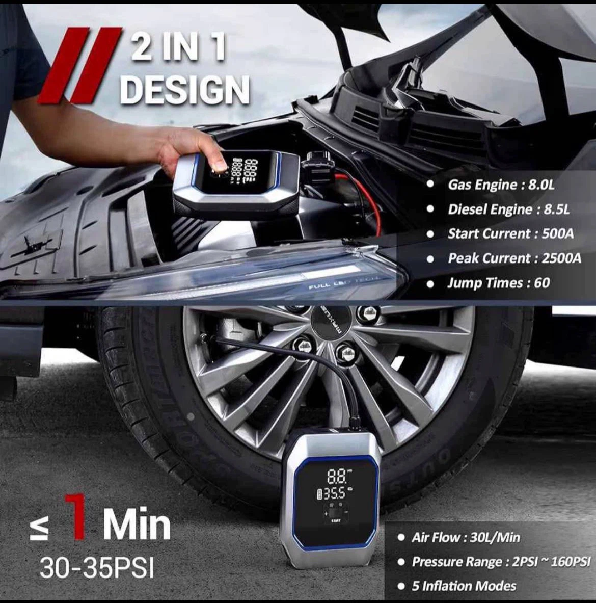2-in-1 Portable Jump Starter and Tire Inflator - photo 2