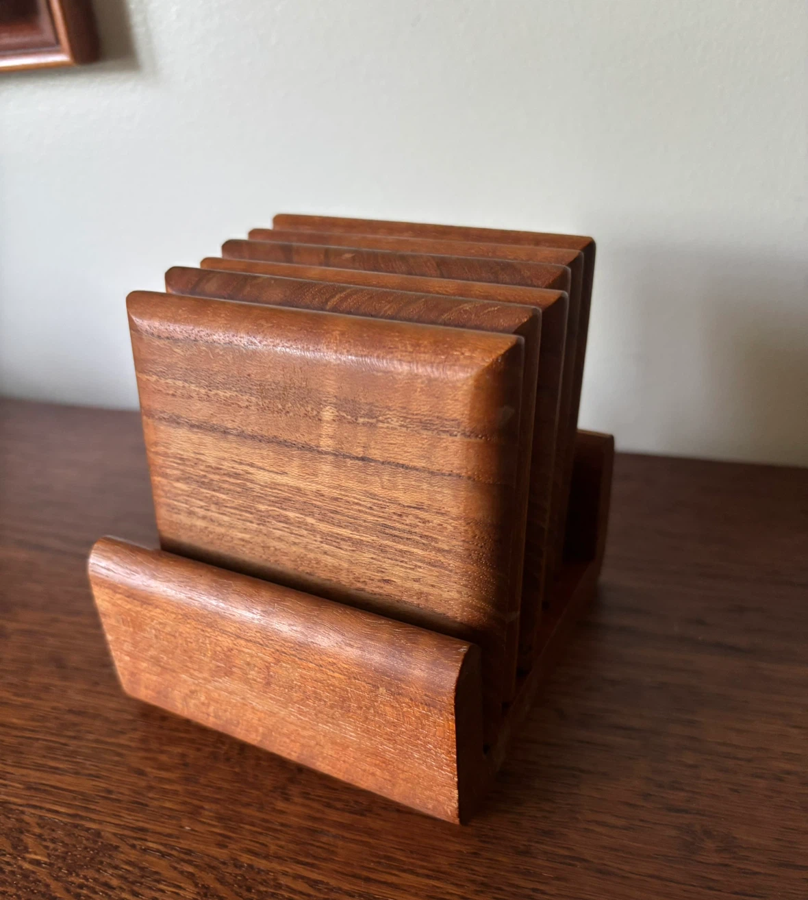 Set of 6 Teak Coasters with Holder