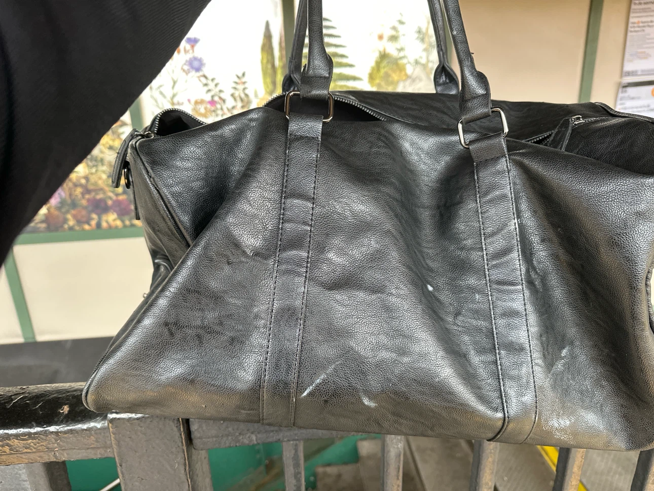 Black Faux Leather Duffle Bag