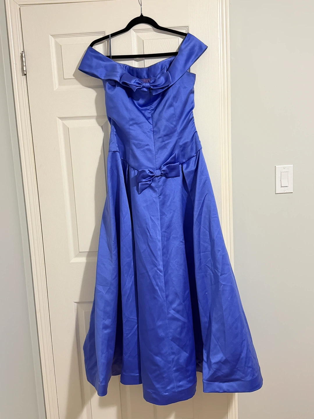 Blue Satin Off-the-Shoulder Formal Dress