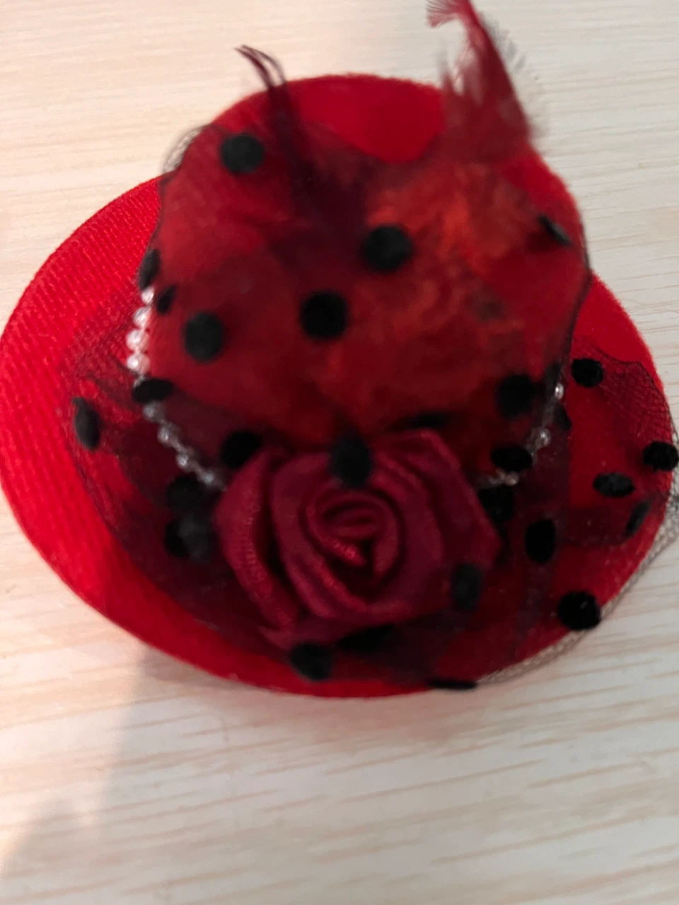 Red Mini Hat Hair Clip with Veil and Pearls