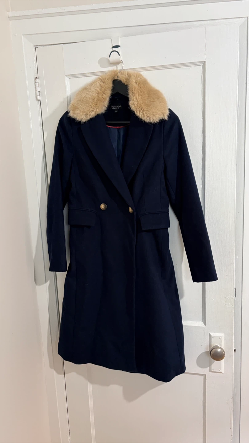Topshop Navy Coat with Faux Fur Collar