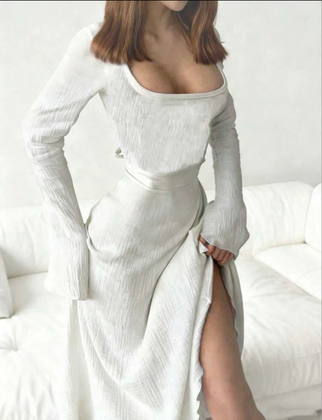 Never Worn White Crinkle Textured Dress - Lace-Up Back
