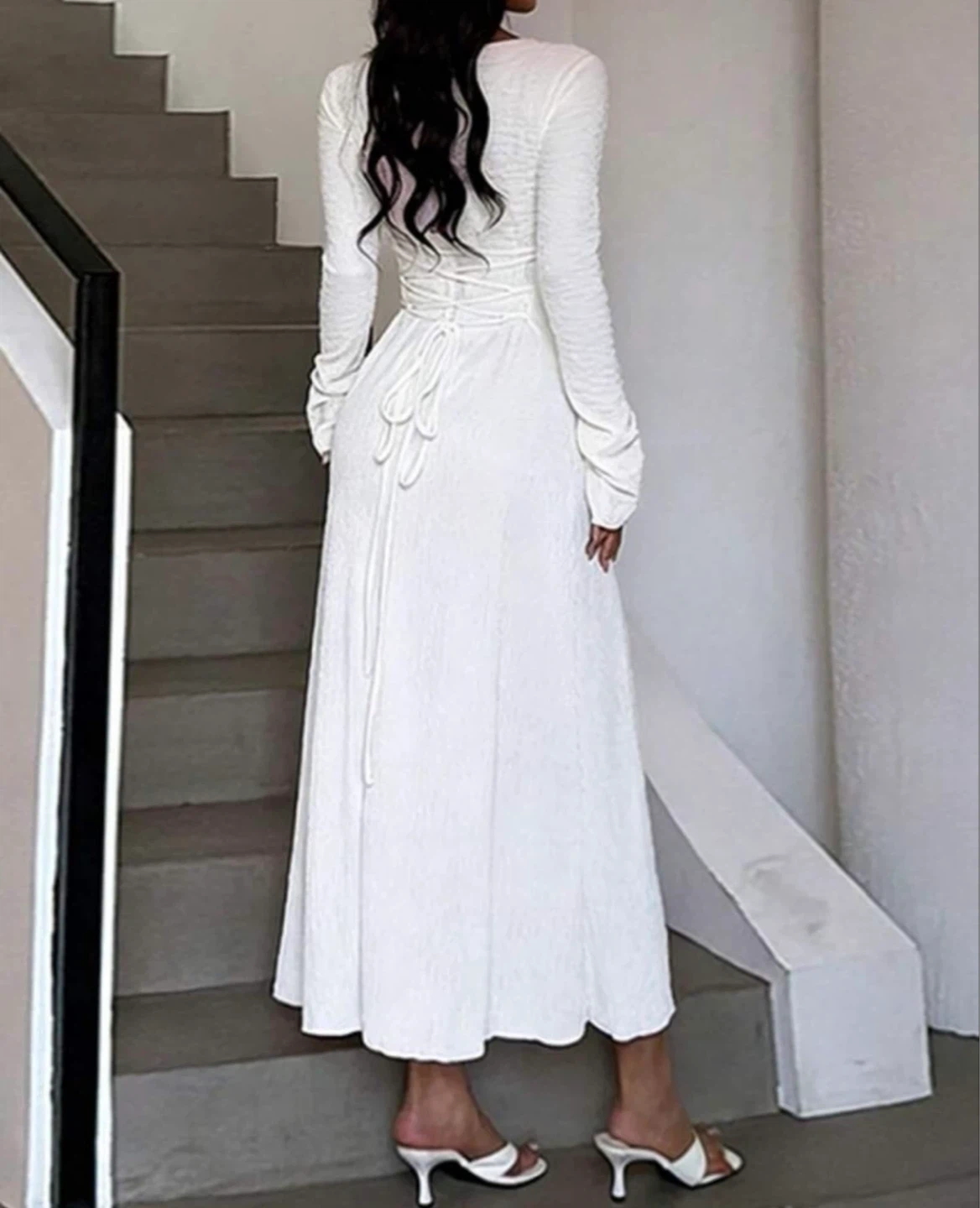 Never Worn White Crinkle Textured Dress - Lace-Up Back - photo 4