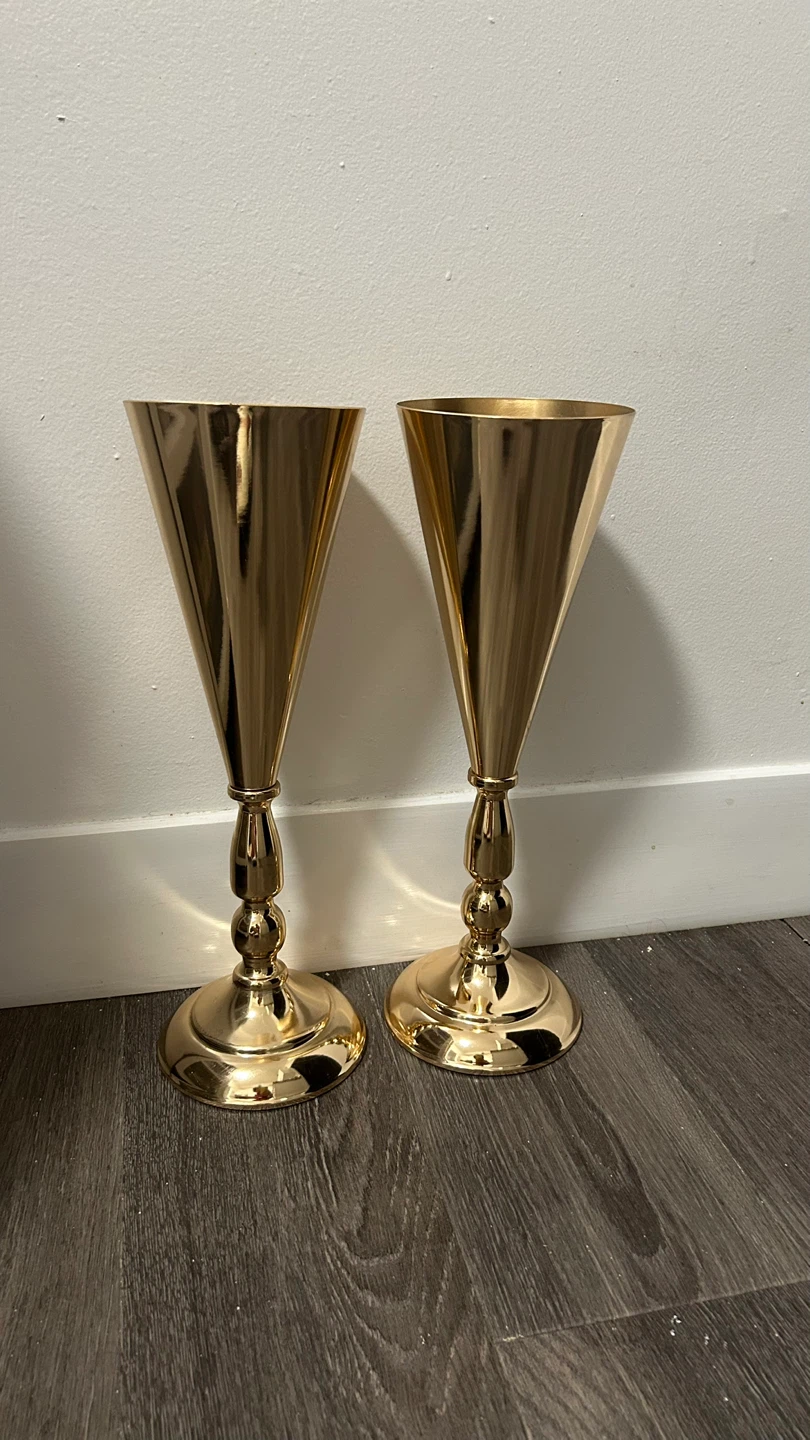 Set of 2 Tall Gold Metal Trumpet Vases /