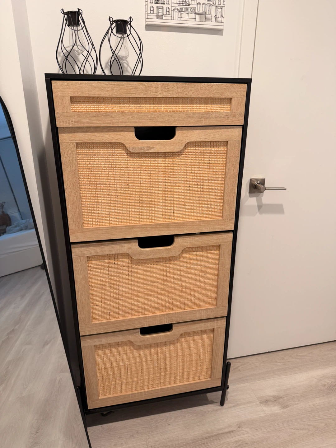 Black and Rattan Shoe Storage Cabinet