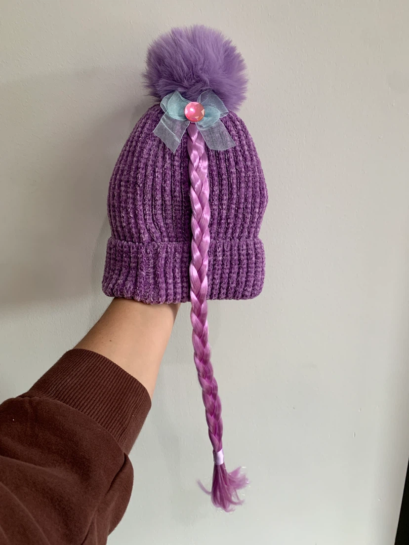 New - Warm Purple Pom Pom Hat with Braid