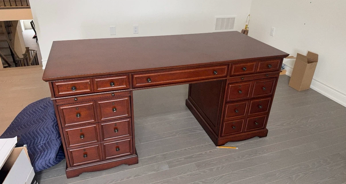 Large Wooden Executive Desk with Many Drawers