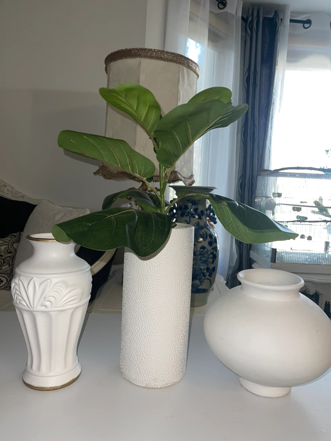 2 Beautiful Vases and Fake Fiddle Leaf Plants