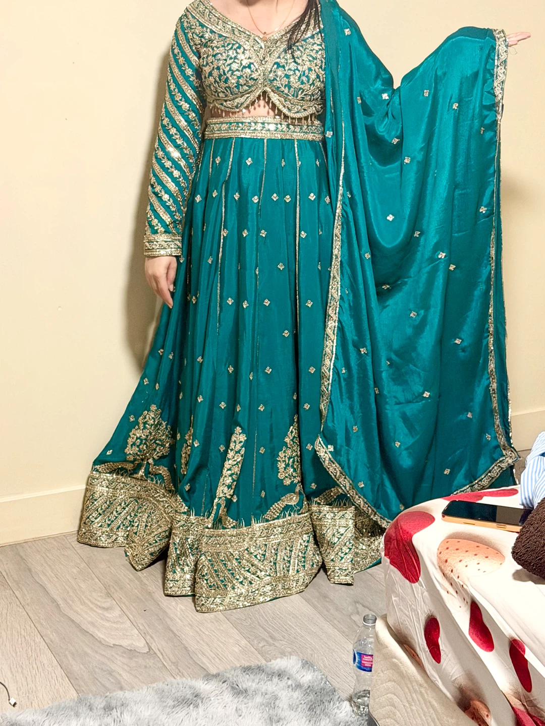 Teal and Gold Embellished Lehenga Set
