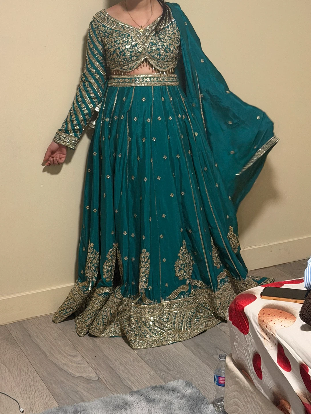 Teal and Gold Embellished Lehenga Set - photo 2