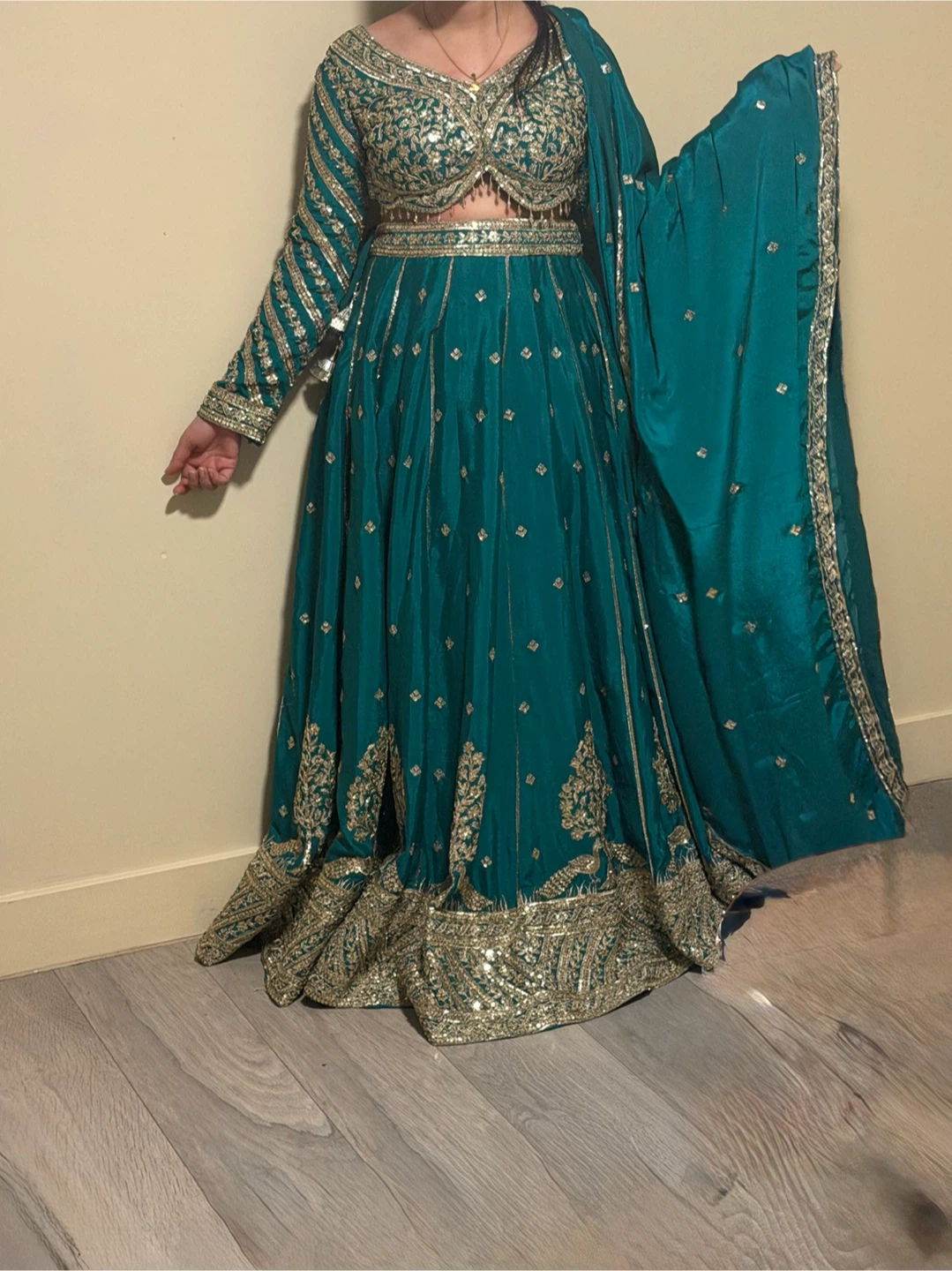 Teal and Gold Embellished Lehenga Set - photo 3