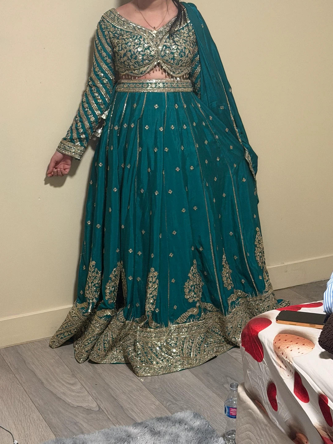 Teal and Gold Embellished Lehenga Set - photo 4