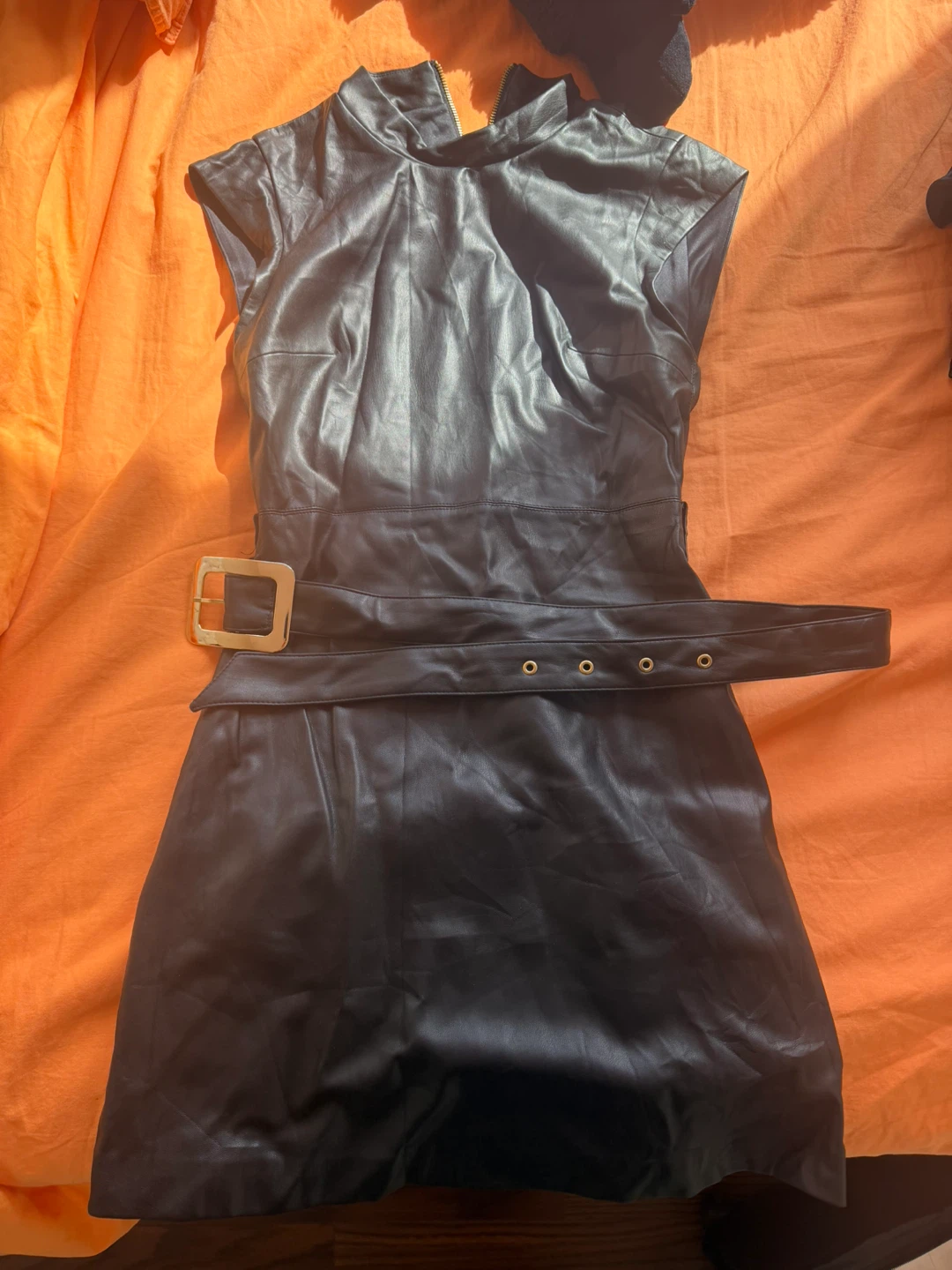 Black Faux Leather Belted Dress