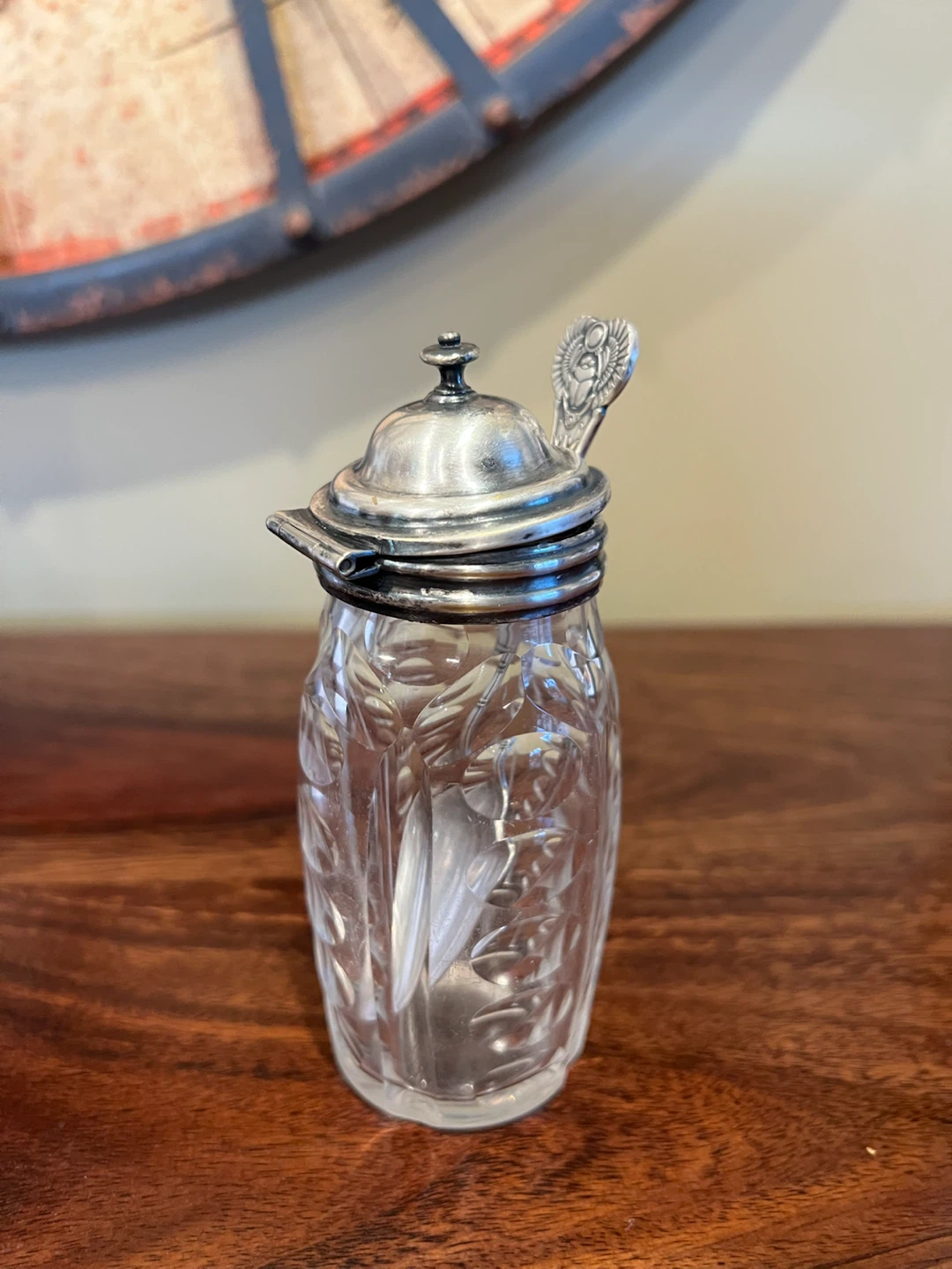 Vintage Cut-Glass Condiment Jar with Silver-Plated Spoon