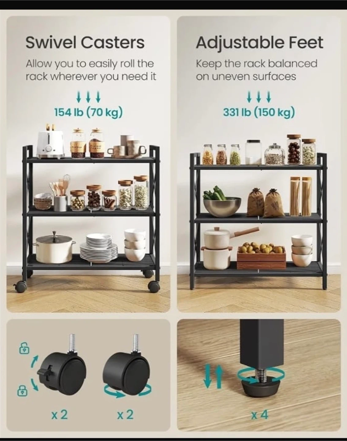 SONGMICS 3-Tier Rolling Kitchen Utility Shelf - photo 4