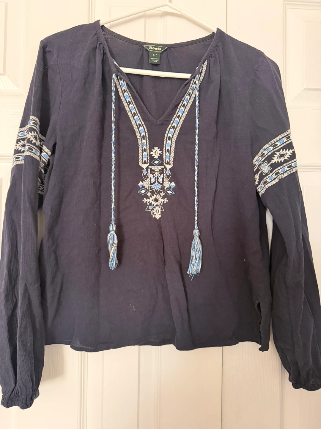 Size small Roots Embroidered Tassel Blouse