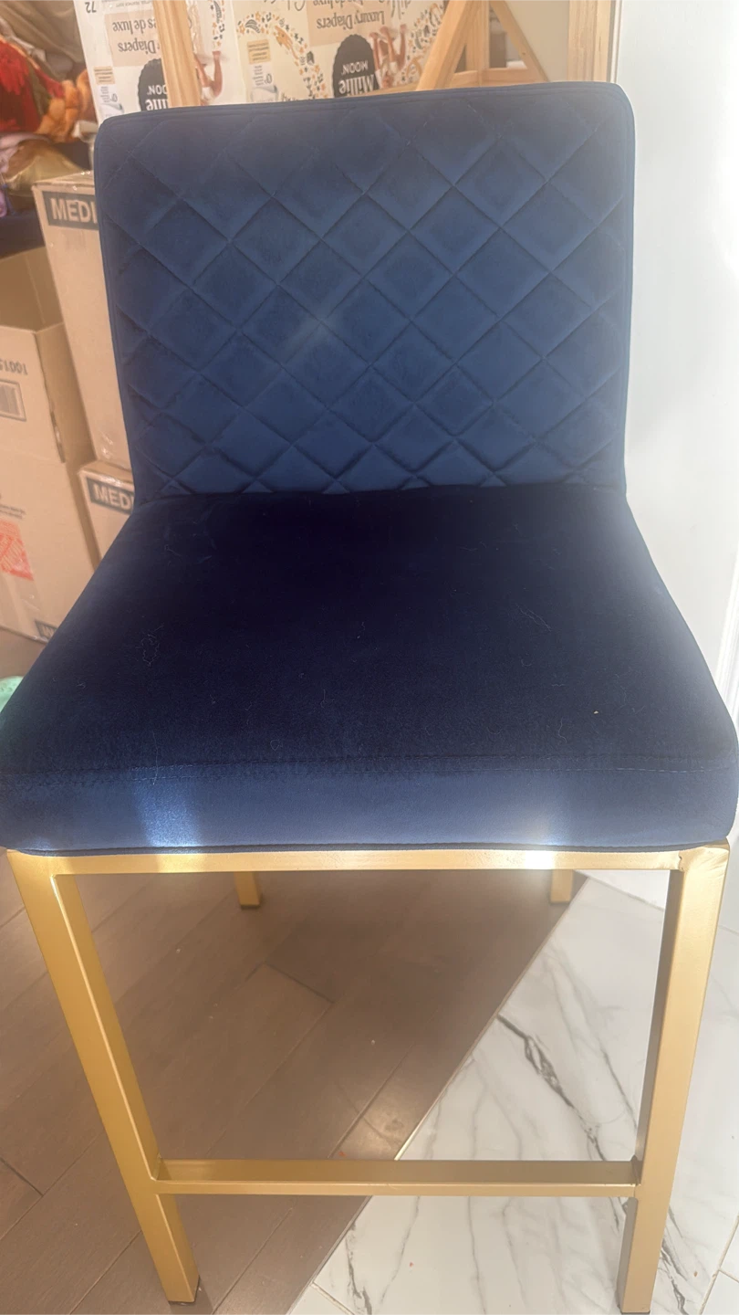 Set of 3 Navy Blue Velvet Bar Stool with Gold Base