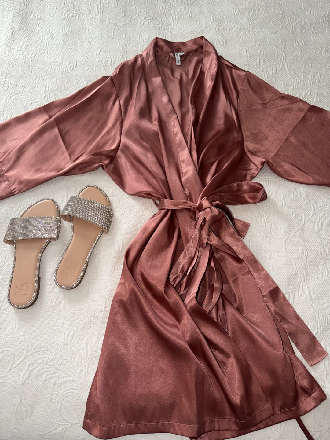 DB Studio Women's Satin Robe & Embellished Slide Sandals