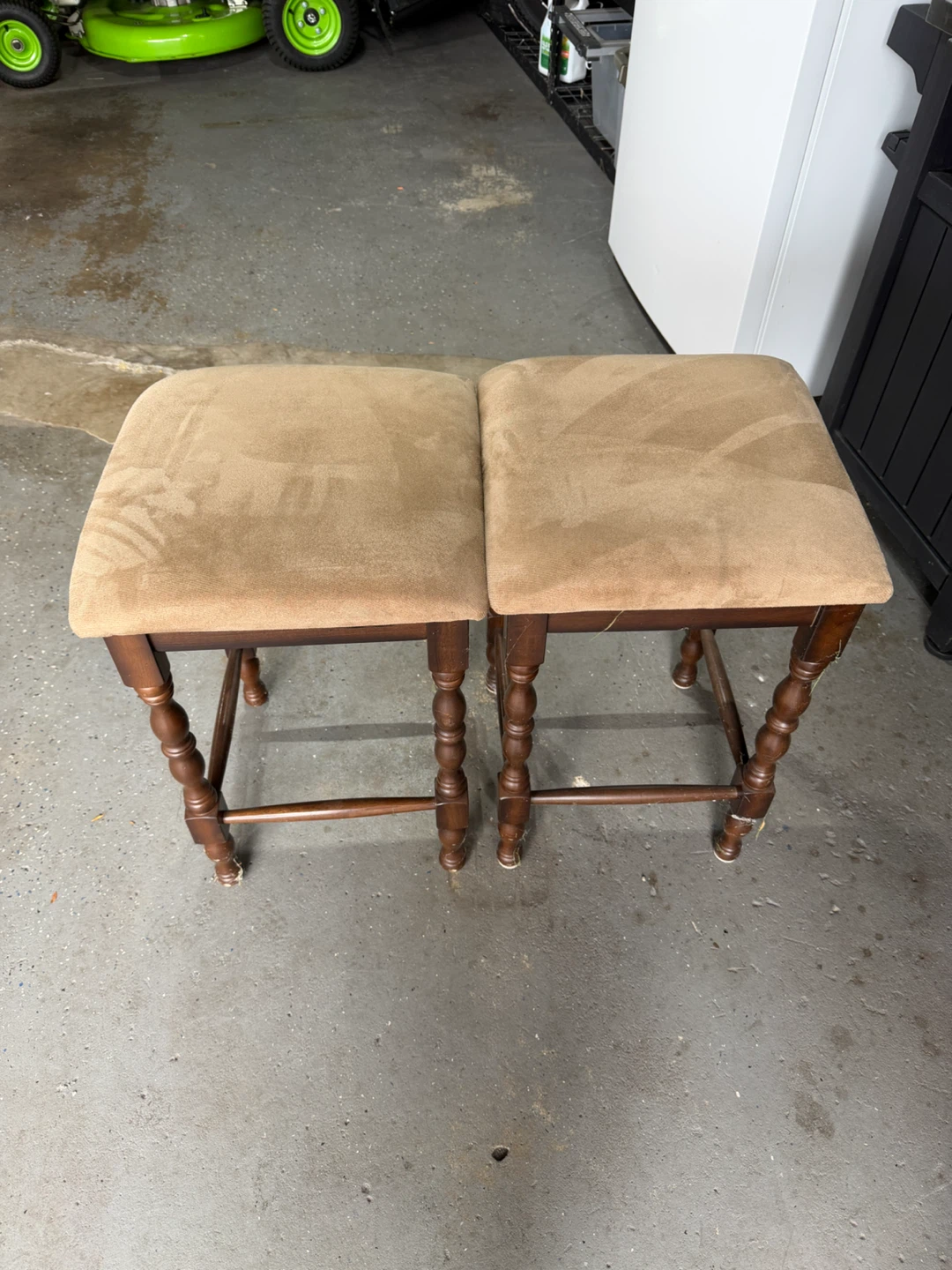 Set of Two Wooden counter Stools with Tan Cushions